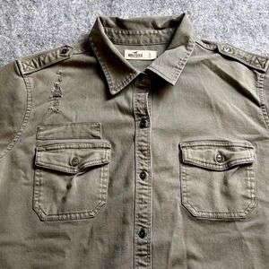 Hollister Mens‎ L Olive Green Distressed Military Shirt Jacket Button up Y2K